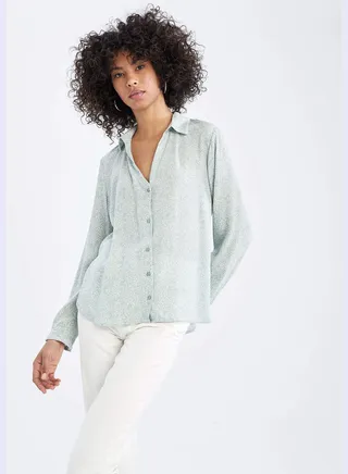 Regular Fit V-Neck Long Sleeve Polka Dot Printed Blouse