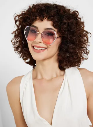 Diamante Trim Angular Lens Sunglasses