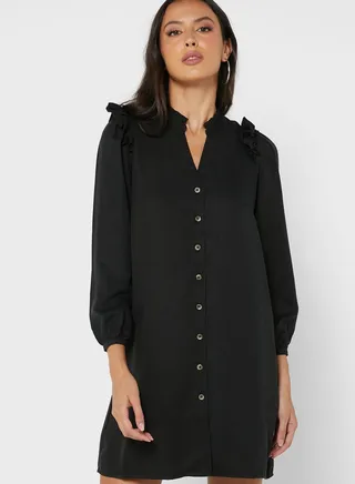 Ruffle Sleeve Button Detail Dress