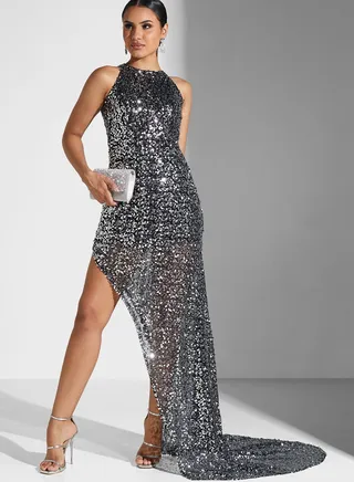 Hadia Ghaleb Slit Shimmer Dress