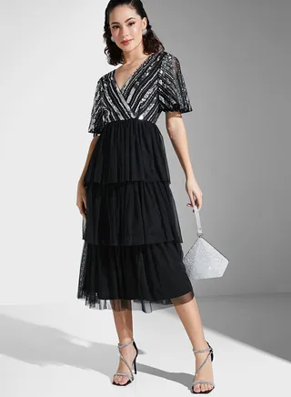 Surplice Neck Flared Sleeve Ruffle Dress
