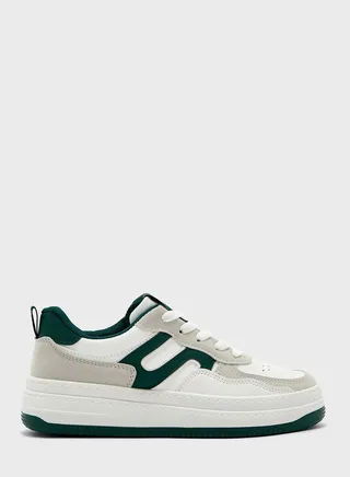Platform Chunky Trainers In White With Green Detail