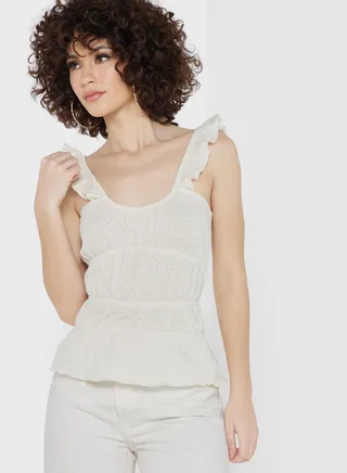 Ruffle Detail Shirred Crop Top