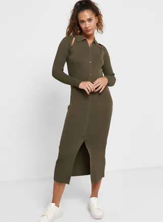 Ribbed Button Detail Dress