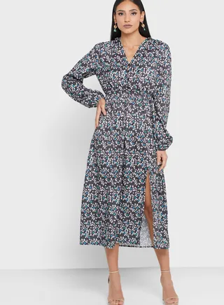 Cuff Sleeve Side Slit Printed Dress