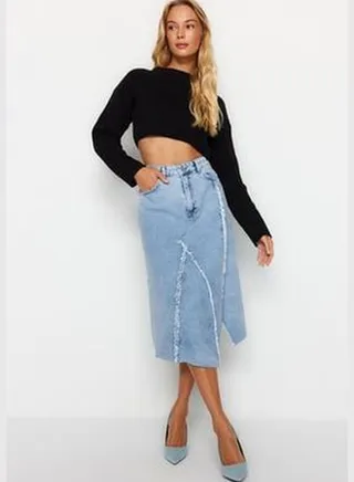 Blue Block Midi Denim Skirt TWOAW24ET00304