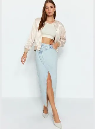 Light Blue Asymmetrical Maxi Denim Skirt TWOAW24ET00281