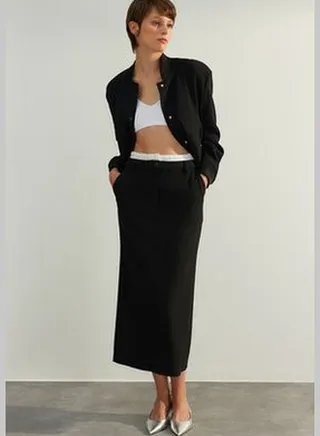 Black Limited Edition High Quality Double Belt Detail Midi Skirt TWOAW24ET00294