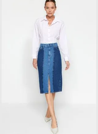 Blue Color Block Midi Denim Skirt TWOAW24ET00301