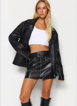 Black Faux Leather Mini Weave Skirt with Pocket and Zipper TWOAW24ET00208