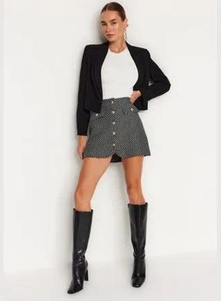Black Button Detailed Tweed Mini Knit Skirt TWOAW24ET00142