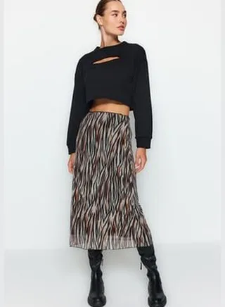 Brown Elastic Waist, Printed Midi-Length Lined Tulle Knitted Skirt TWOAW24ET00006