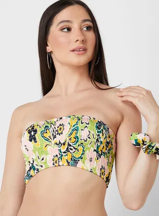 Floral Print Shirred Bandeau Bikini Top