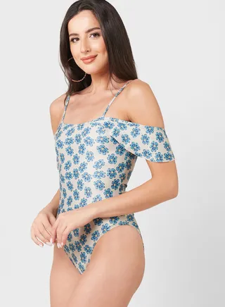 Printed Swimsuit With Cold Shoulder Detail