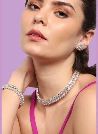 Silver Plated Party Designer Stone Necklace, Earring and Bracelet Set For Women