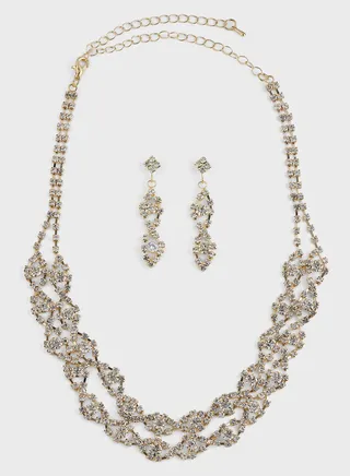 Rhinestone Necklace & Drop Earring Set