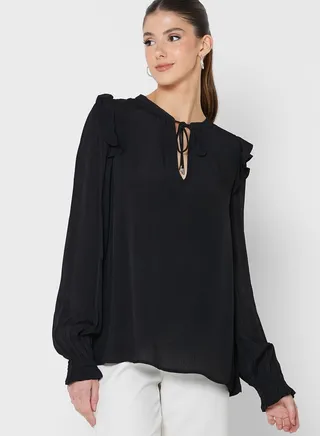 Tie Neck Ruffle Detail Top