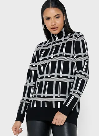 High Neck Checked Sweaters