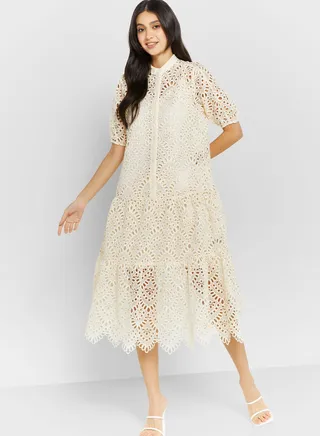 Broidered Puff Sleeve Dress