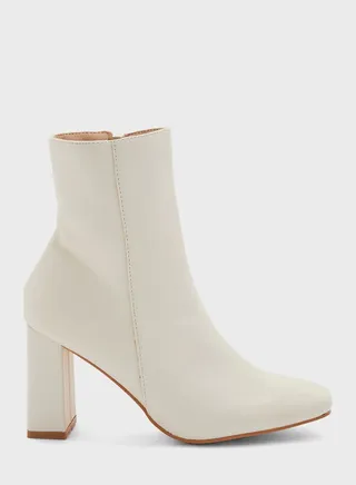 Rounded Toe Block Heel Boot Cream