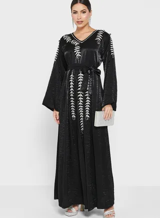 V-Neck Embellished Belted Jalabiya