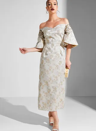 Bardot Sweetheart Neck Flute Sleeve Dress