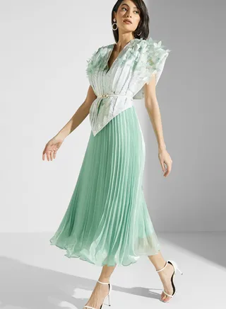 Plisse Belted Embellished Dress