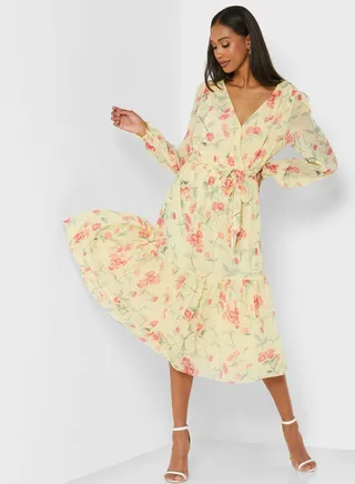 V-Neck Balloon Sleeve Floral Print Dress