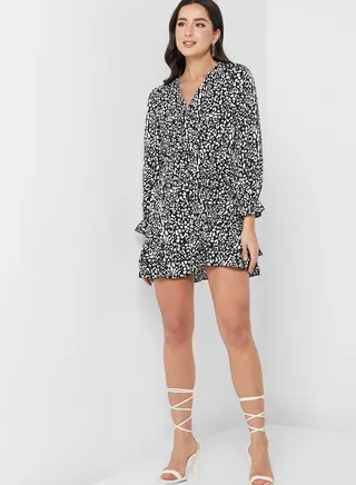 Surplice Neck Printed Puff Sleeve Dress