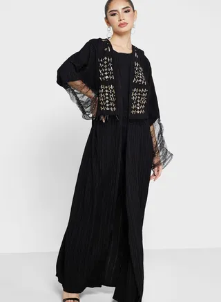 Textured Abaya With Trim Detail