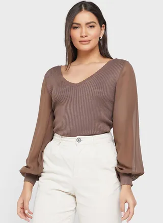 V-Neck Mesh Sleeve Sweater
