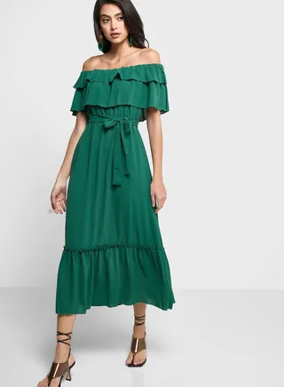Ruffle Detail Bardot Dress