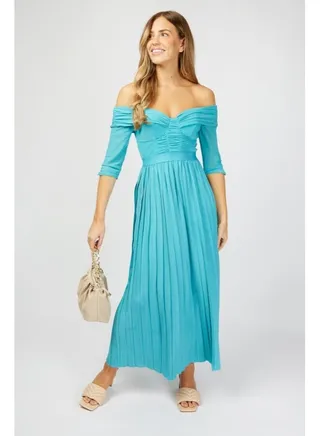 Little Mistress Turquoise Bardot Pleat Midaxi