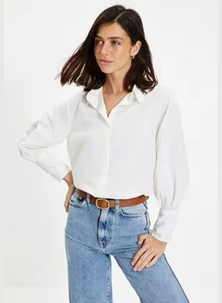 Ecru Woven Cotton Shirt with Buttons TWOAW22GO0509