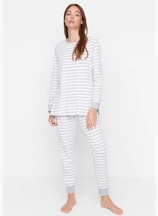 Gray Striped Knitted Pajamas Set THMAW21PT0565