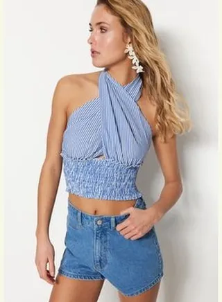 Blue Striped Crop Woven Cross-Purchase See-through See-through Blouse TBESS21BZ1901