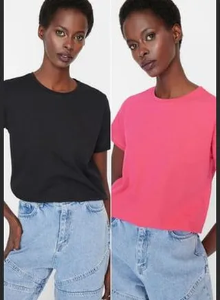 Black-Fuchsia 100% Cotton 2-Pack Basic Crew Neck Knitted T-Shirt TWOSS20TS0141