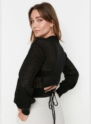 Black Crop Openwork/Perforated Knitwear Sweater TWOAW23KZ0046
