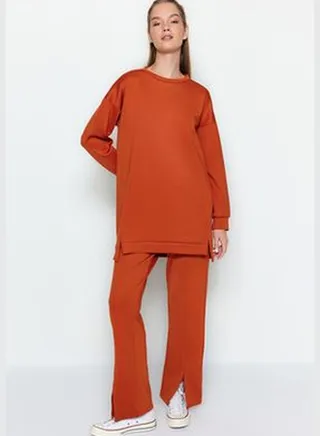 Tile Slit Detailed Scuba Tunic-Pants Knitted Top and Bottom Set TCTAW23US00201