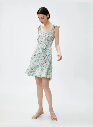 Floral Short Dress Waistbanded Strappy
