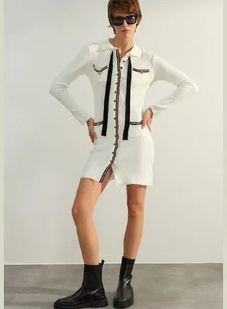 Limited Edition Ecru Mini Knitwear Ribbon Detailed Dress TWOAW24EL00682
