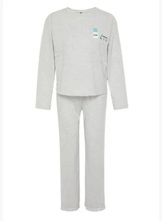 Gray Animal Single Jersey Knitted Pajamas Set