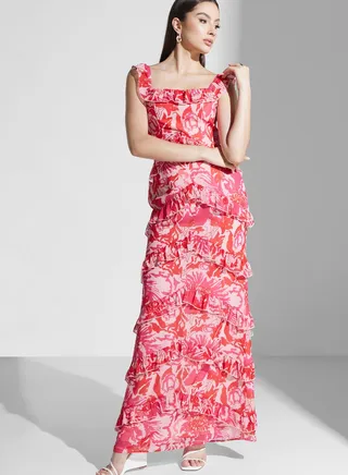 Square Neck Ruffle Floral Print Dress