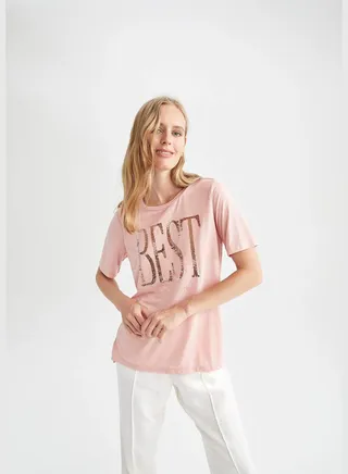 Regular Fit Crew Neck Short Sleeve Slogan Print T-Shirt