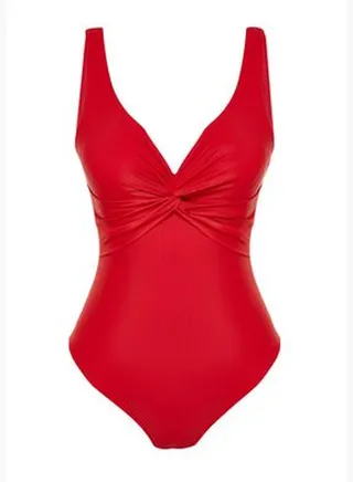 Red V-Neck Knotted High Leg Swimsuit TBESS24MA00014