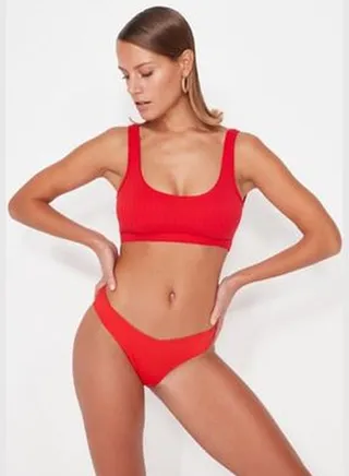 Red V-Cut High Leg Bikini Bottoms TBESS21BA0138