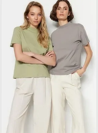 Oil Green-Grey 2-Pack 100% Cotton Basic Stand Up Collar Knitted T-Shirt