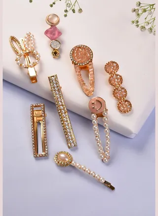 Pack of 8 Gold Plated Designer Stone Pearl Hair Pin