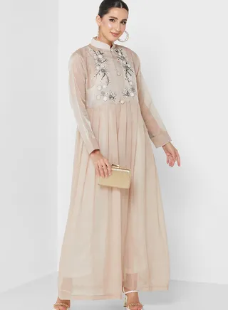 Embroidered Button Detail Plisse Dress