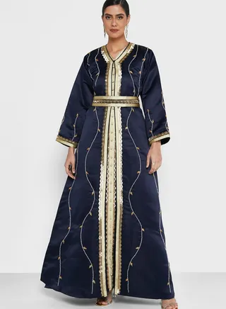 Embellished V-Neck Belted Dress
